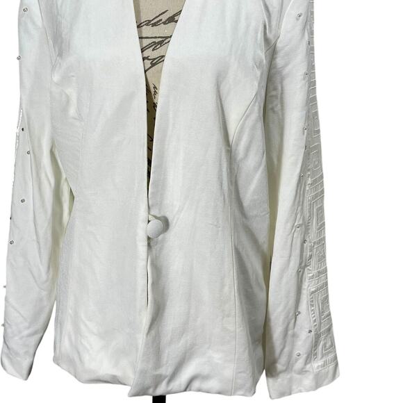 Vintage 90s Karen Miller Blazer White Embroidered Art Deco Jeweled Jacket Sz 16 - Picture 3 of 7